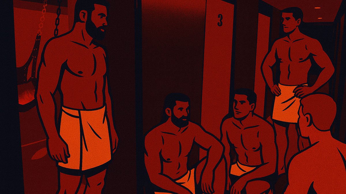 men in front of sling room at gay sauna