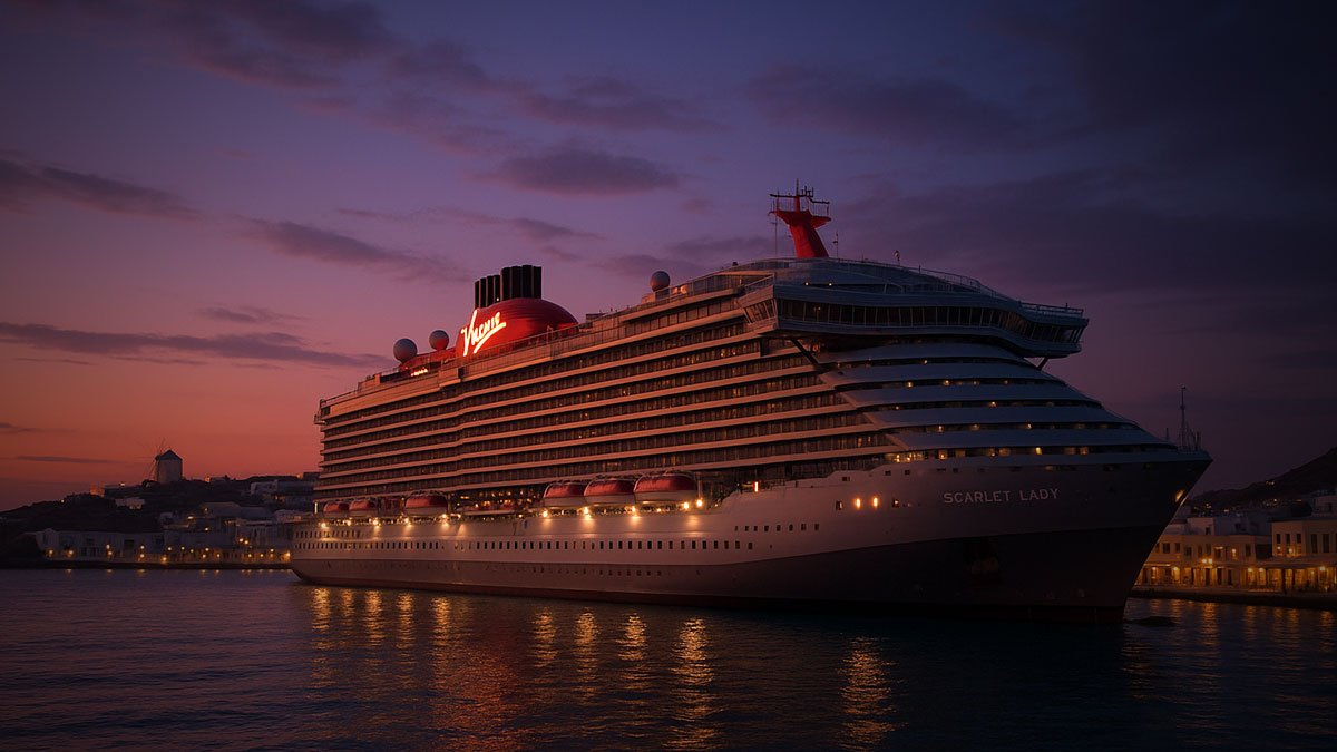 Virgin Scarlet Lady cruise ship docked at Mykonos, with soft sunset colors over the sea and whitewas