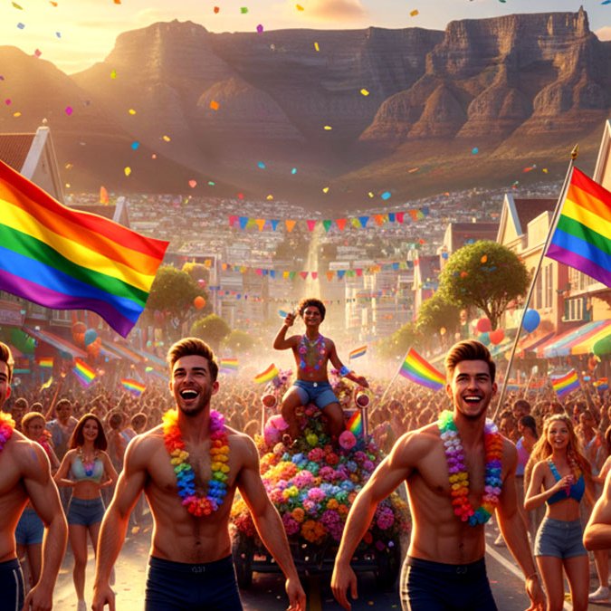 graphic of guys celebrating Pride at the boulevard or Cape Town