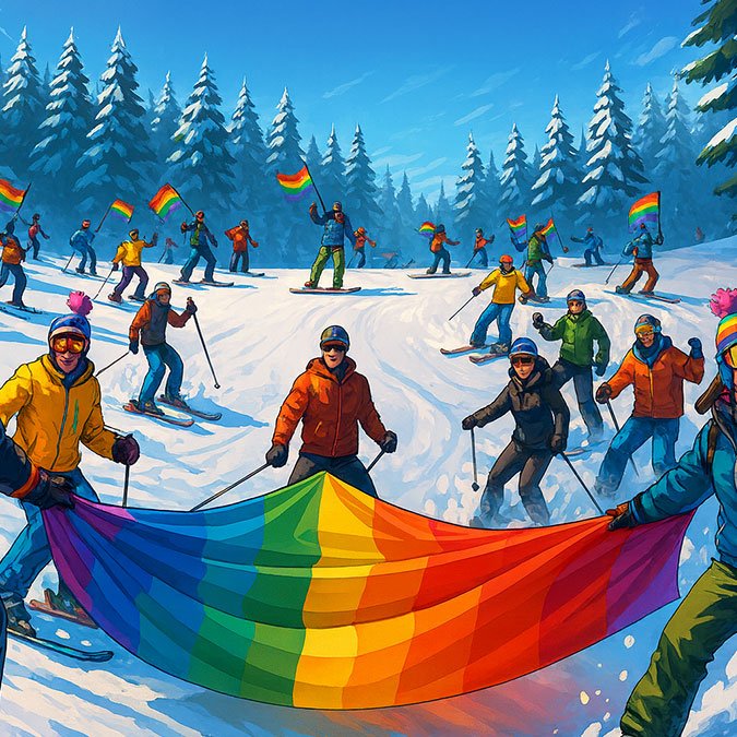 skiing with a gay flag at Whistler Pride
