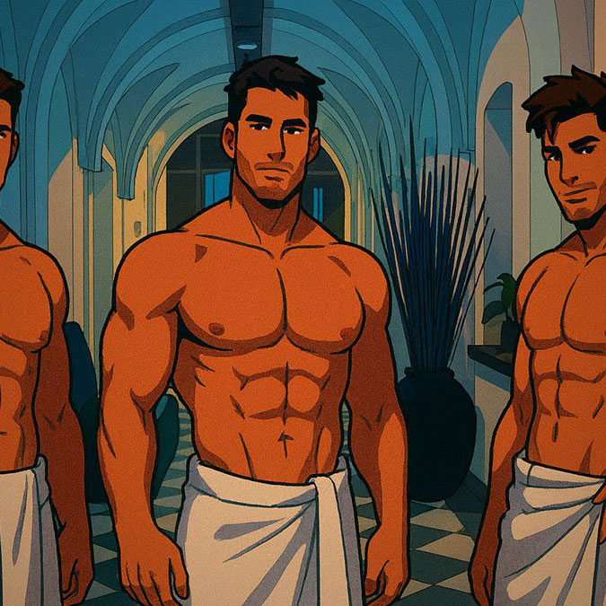 3 guys in towels in Aires A Full gay sauna Buenos 