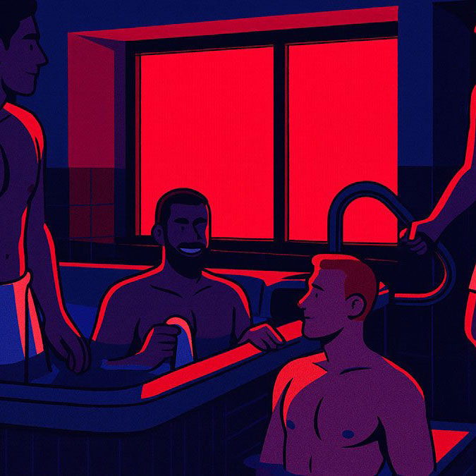 guys in hot tub of gay sauna