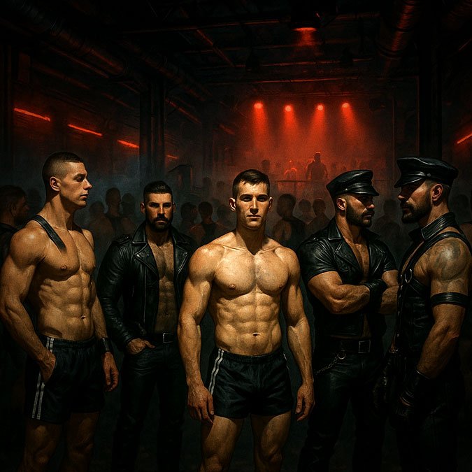 gay guys in leather and shorts at darklands party