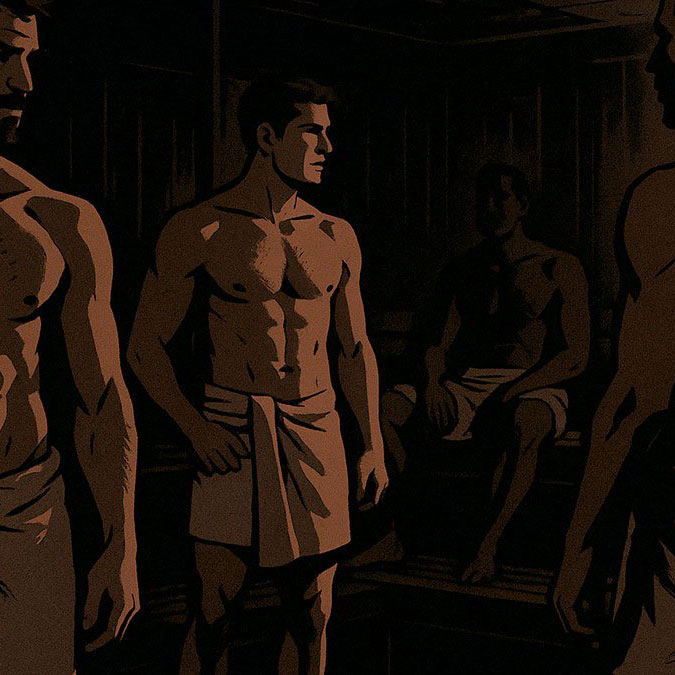 men in a dark gay sauna
