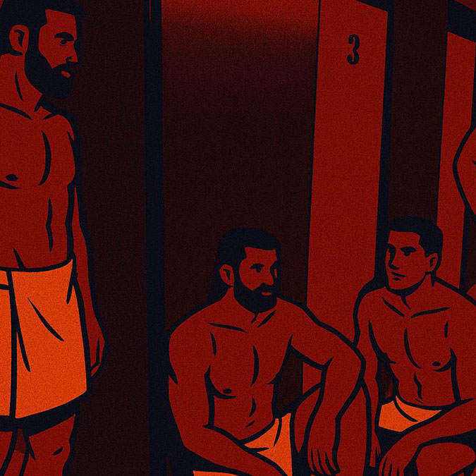 men in front of sling room at gay sauna