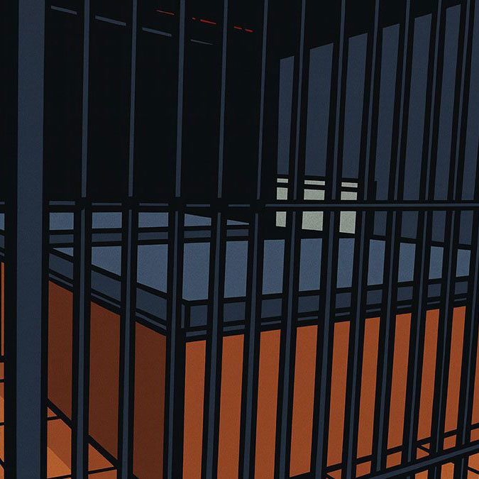 bed behind steel bars in gay sauna