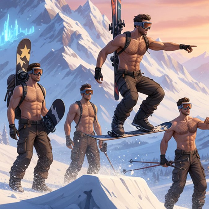 group of shirtless guys in the Alps