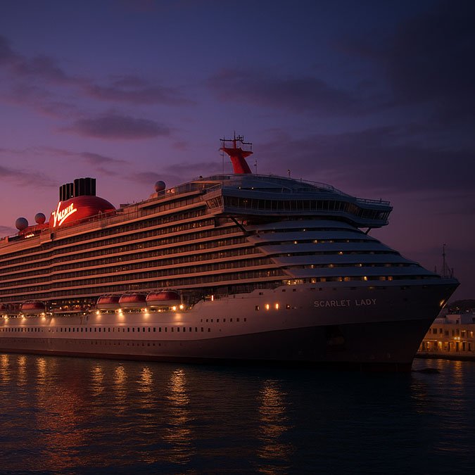 Virgin Scarlet Lady cruise ship docked at Mykonos, with soft sunset colors over the sea and whitewas