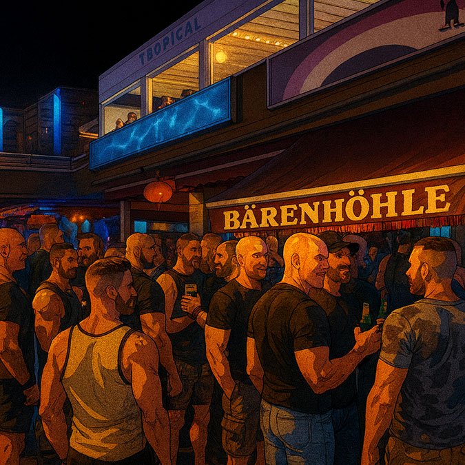 Guys on terrace of Bärenhöhle in Yumbo Playa del Ingles