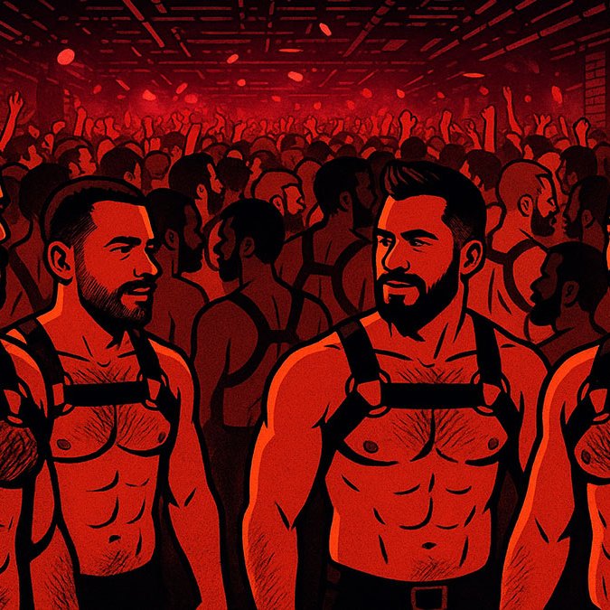 Gay guys in leather at a party