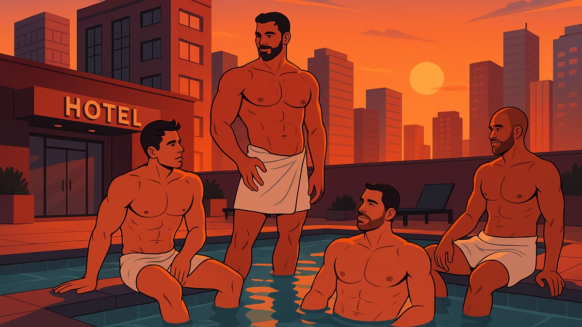 guys hanging around the pool of gay hotel