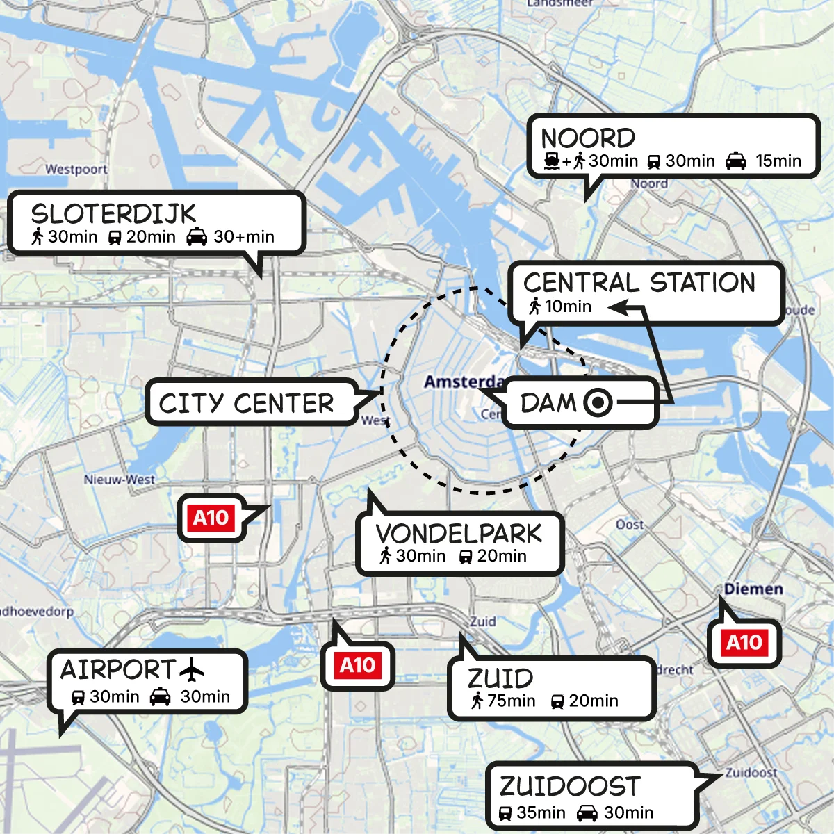 outline map of Amsterdam areas